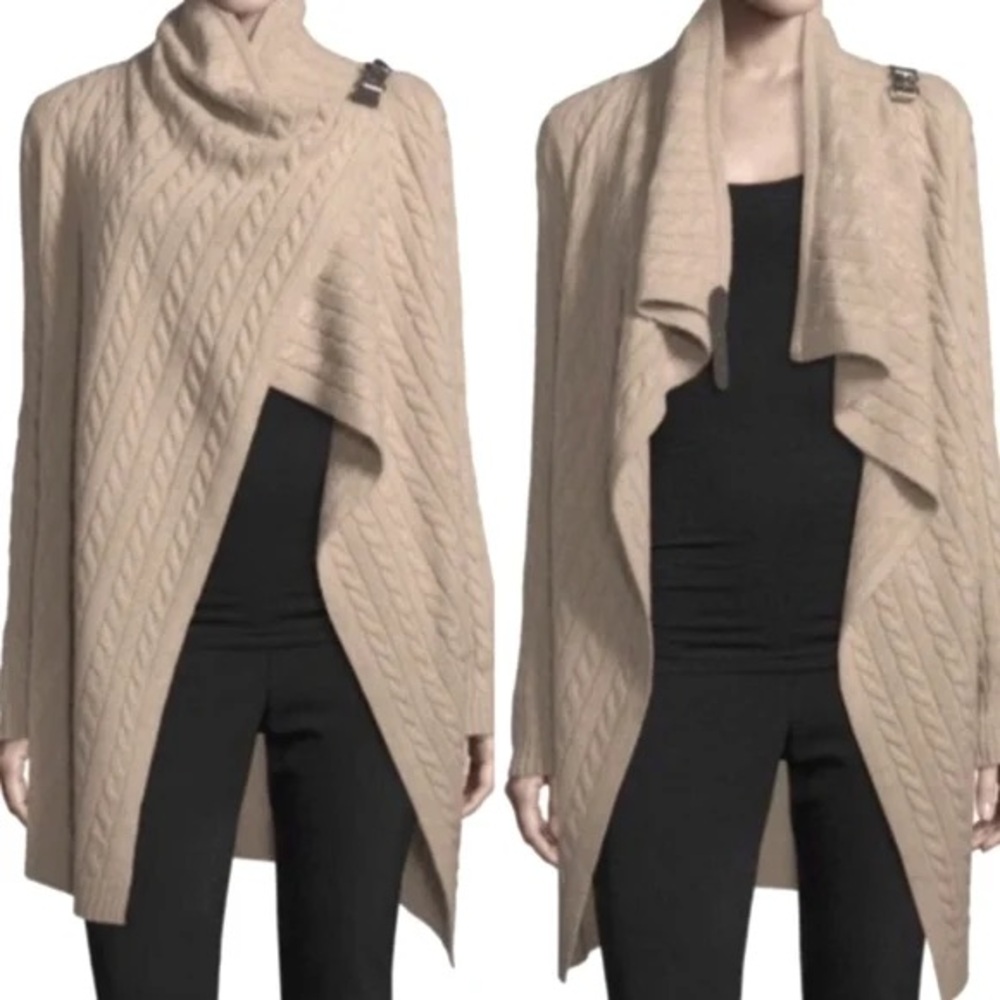 Neiman Marcus 100% cashmere leather buckle Cable Knit Wrap Asymmetric sweater S